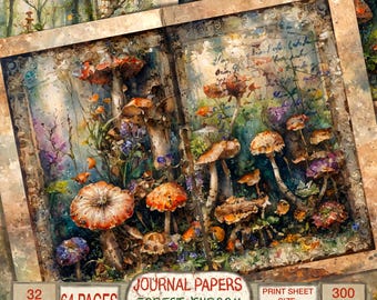May include: A printable journal paper kit featuring a watercolor illustration of mushrooms in a forest setting. The kit includes 64 pages, 32 pieces, and is 300 DPI. The print sheet size is 8.5 inches by 11 inches.