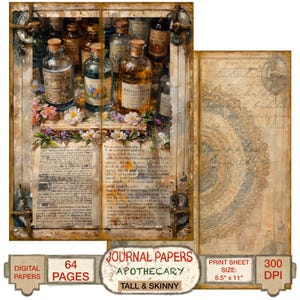 Diário de sucata Apothecary Tall & Skinny Half Fold, 64 páginas, impressão digital, álbum de recortes de alquimia, papel para artesanato com tema vintage