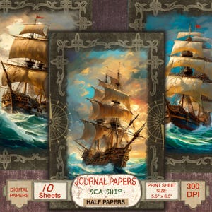 10 demi-page numérique de papier de scrapbooking bateau de pirate Page imprimable pour le journal de rebut carte d'impression demi-papier marin de collage de papier océan PNG