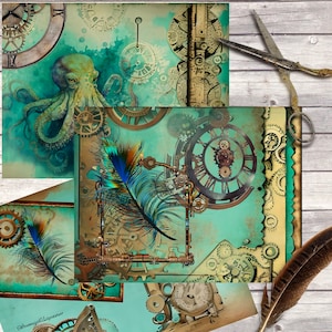 10 STEAMPUNK afdrukbare collage papier ongewenste dagboek Grunge 11 x 8,5 vel digitale download Ephemera plakboek Steampunk Octopus digitaal papier