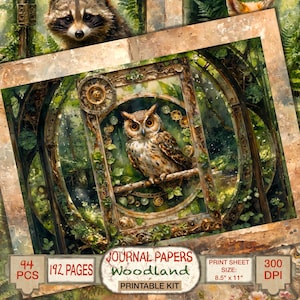 Junk Journal Sampler Bundle Imprimez des pages avec un renard boisé, un hibou et un raton laveur comme un album numérique imprimable sur le thème de la nature