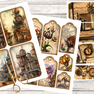 Steampunk Ephemera-pakket voor junkjournal of plakboek. Afdrukbare tags, kaarten en zakken. Digitale download