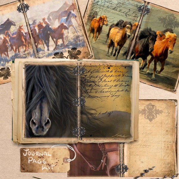Horse Themed Digital Junk Journal Pages Equine Paper Printable Download 5x7 Book DIY Kit Print Out Craft Nature Ephemera High Resolution