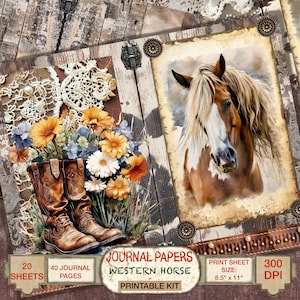 Page de journal indésirable cheval western imprimable Scrapbooking country Chic, feuille de collage numérique, impression de fournitures de journalisation éphémères de cow-boy