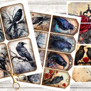 Rabe Ephemera Pack für Junk Journal oder Scrapbook. Druckbare Karten, Taschen und Tags. Digitaler Download