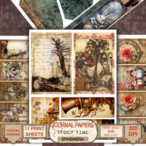 Alice in Wonderland Ephemera Pack for Junk Journal with Printable Tags, Cards, Pocket Folio, and Page Pockets