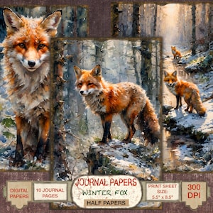 Renard numérique demi-page pour indésirable journal papier scrapbooking imprimable carte de voeux bricolage. Ressources d'artisanat à téléchargement immédiat.