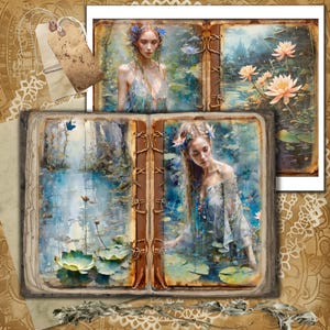 Kit per diario spazzatura, stampa pagine vintage romantiche, tema bosco, carta collage fantasy con fiori di loto