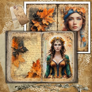 Páginas otoñales de diario digital con temática de bosque, románticas y caprichosas. Efímeras imprimibles para diarios de naturaleza y scrapbooking.