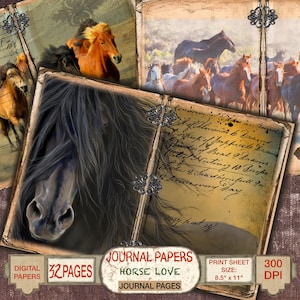 Pages de journal numérique sur le thème du cheval, papier équin, téléchargement imprimable, livre de 5 x 7 livres, kit de bricolage, impression artisanale, éphémères de la nature, haute résolution