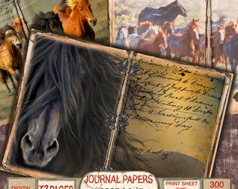 May include: A digital paper pack with 32 pages featuring images of horses. The paper pack is designed for journaling and has a vintage aesthetic. The paper pack is 8.5 inches by 11 inches and has a resolution of 300 DPI.