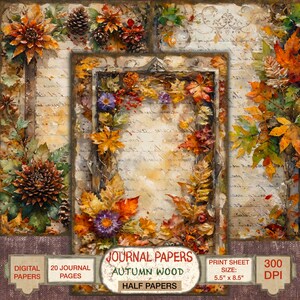 Cartão de felicitações "Faça Você Mesmo" com papel de scrapbook digital de meia página "Outono Wood" para diário de sucata. Recursos de artesanato para download instantâneo.