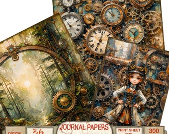 May include: A collection of digital journal papers with a steampunk theme. The papers feature images of clocks, gears, and a forest scene. The print sheet size is 8" x 8". The bundle includes 36 sheets.