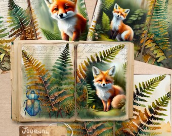 Digital Fox Pup Junk Journal Page Kit Printable Baby Animal Scrapbook Paper Woodland Print Out Nature DIY Book Download Diary Illustrated