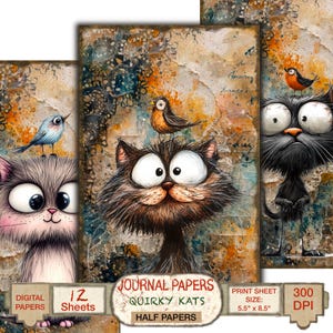 Media página digital de gatos extravagantes para diario basura, álbum de recortes imprimible, papel humorístico, tarjeta de felicitación DIY, descarga instantánea.