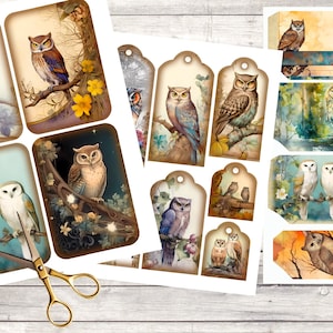 Woodland Owl Ephemera Pack para Junk Journal ou Scrapbook. Etiquetas, cartões e bolsos imprimíveis. Download digital