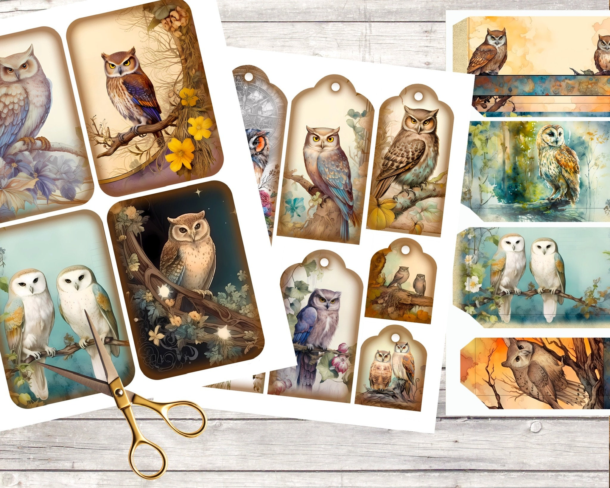 Woodland Owl Ephemera Pack for Junk Journal or Scrapbook. Printable Tags, Cards and Pockets. Digital