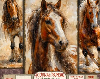 May include: Three digital paper sheets featuring watercolour paintings of horses. The horses are brown and white with long manes and tails. The text "Journal Papers Horse Play Half Papers" is printed on the bottom of the image. The print sheet size is 5.5 inches by 8.5 inches and the resolution is 300 DPI.