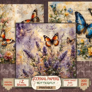 Papier imprimable papillon pour journal indésirable, papier de scrapbooking nature botanique, carte de voeux DIY ou création numérique. Téléchargements instantanés.