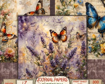 Könnte beinhalten: Zwölf druckbare digitale Journal-Papiere mit einem Aquarell-Schmetterlingsdesign, Lavendelblüten und einem Vintage-Hintergrund. Die Papiere sind 8 Zoll mal 8 Zoll groß und haben 300 DPI.