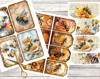 Bee Ephemera Pack for Junk Journal or Scrapbook. Printable Tags, Cards and Pockets. Digital Download