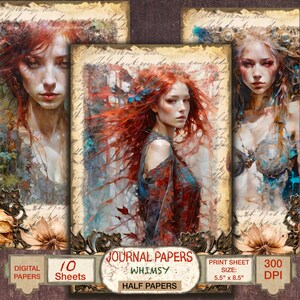 Portret kobiety Kolaż Wydrukuj Dziennik śmieci Pół strony Cyfrowy album do scrapbookingu Papier do rękodzieła Arkusz do decoupage'u DIY Książka Decoupage Wydrukuj sztukę