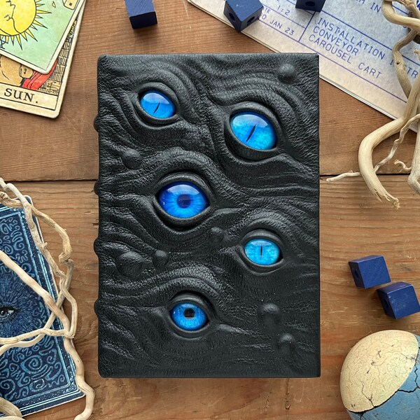 Blue watcher grimoire - small handmade blank book, Lovecraft black leather journal, mystery spellbook, necronomicon lovecraftian