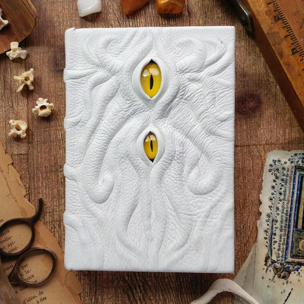 White leather grimoire, handmade journal, lovecraftian alien diary, wedding guestbook, white Christmas notebook, sketchbook Wiccan pagan