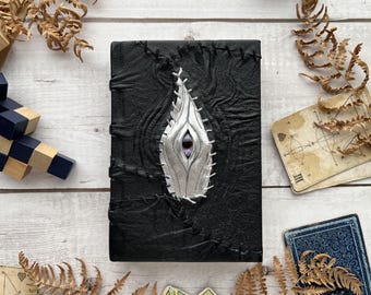 Silver and Black Necronomicon with purple eye - Small size handmade leather journal - creepy book of shadows nec