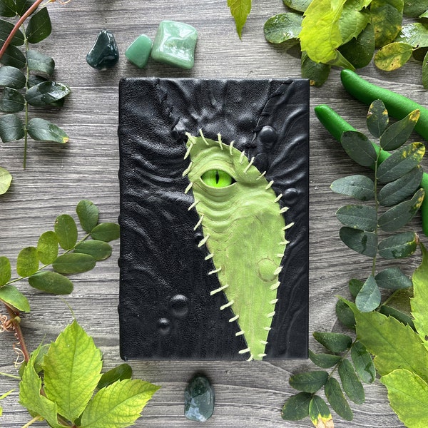 Small book with Green leather patch - Necronomicon  journal, dark creepy shadows, larp fantasy grimoire, pagan notebook, christmas gift