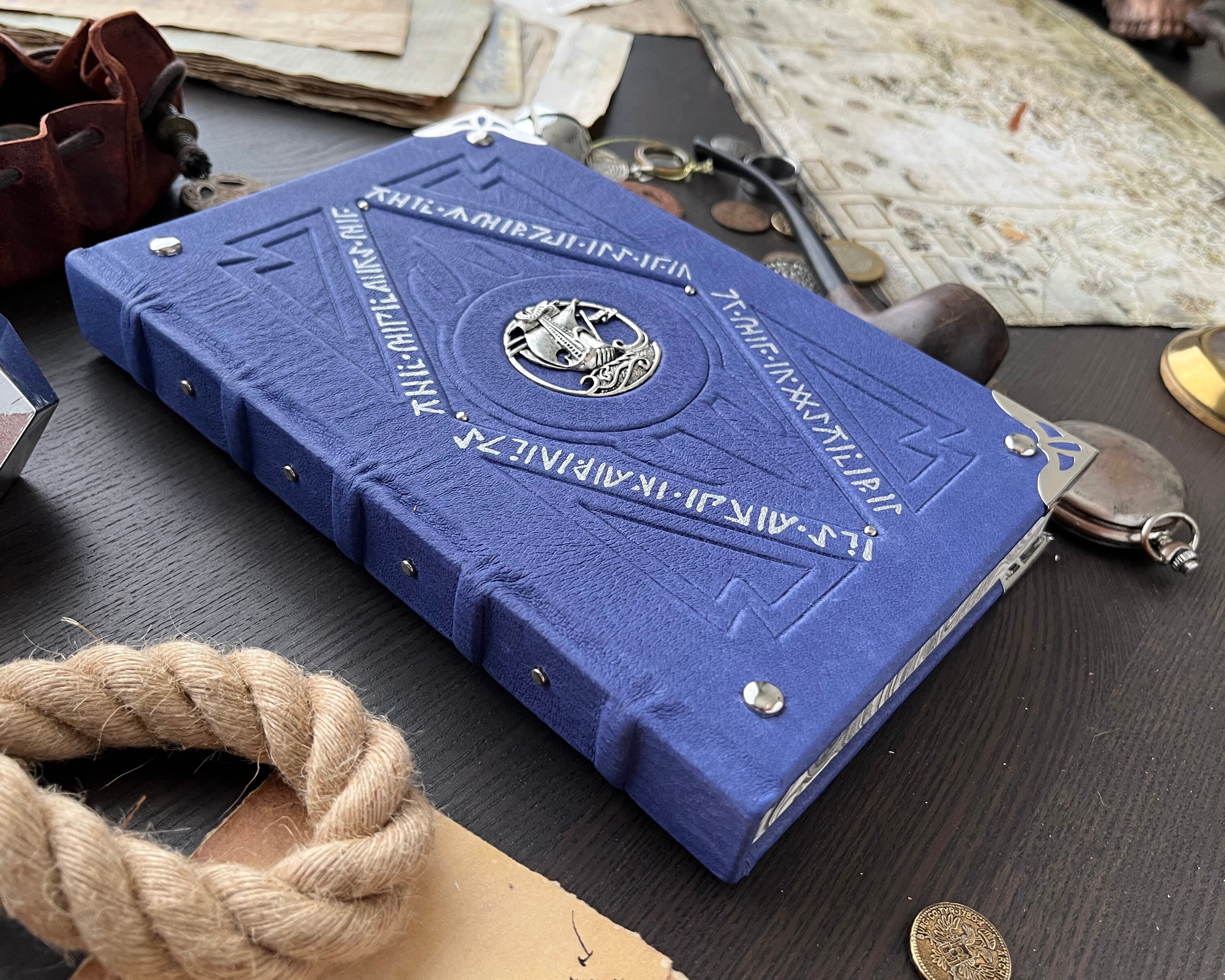 Blue Leather Grimoire With Brass Ship, Metal Corner