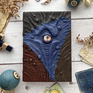 Brown and blue patch - Medium size leather journal, brown and blue eye - handmade book of shadows grimoire