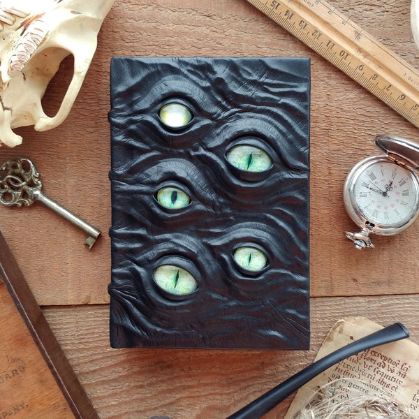 Pale Green watcher -  small leather journal, handmade book, necronomicon, ooak altered notebook, pagan wicca goth scary diary, bookbinding