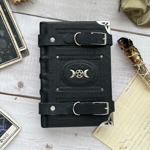 The triple moon traveller's journal - small black pentacle diary, handmade pentagram wicca book of shadows,  sketchbook, silver buckle