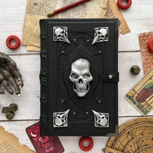 The Necromancer&#39;s black grimoire - with silver skulls - Red pages - blank book gothic grimoire fantasy elegant scary necronomicon necromancy