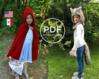 Red Riding Hood and Wolf-- Sewing Pattern Bundle-- Pretend Play-- Kids Dress Up-- Kids Halloween-- Kids Cape-- Kids Wolf Costume