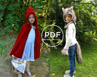 Red Riding Hood and Wolf-- Sewing Pattern Bundle-- Pretend Play-- Kids Dress Up-- Kids Halloween-- Kids Cape-- Kids Wolf Costume