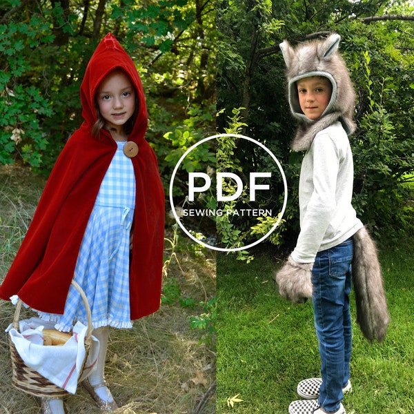 Red Riding Hood and Wolf-- Sewing Pattern Bundle-- Pretend Play-- Kids Dress Up-- Kids Halloween-- Kids Cape-- Kids Wolf Costume