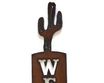 Rusted Vertical CACTUS WELCOME sign made of Rustic Rusty Rusted Recycled Metal