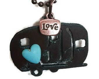 CAMPING CAMPER TRAILER necklace with love charm pendant made of rusted recycled metal