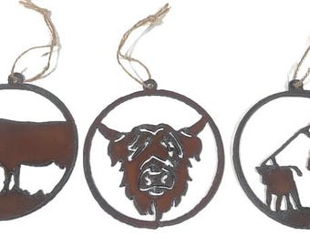 TEAM Roper, COWS, or HIGHLAND Cow round Rustic Ornaments made of Rusty Rusted Recycled also wholesale