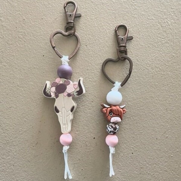 BOHO SKULL or COW Highland Silicone clip on copper heart keyring