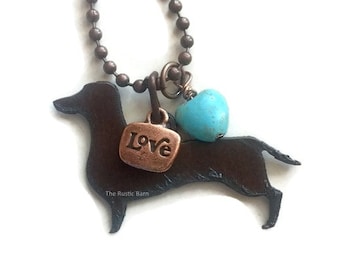 DACHSHUND DOXIE Love Necklace made of Rustic Rusty Rusted Recycled Metal