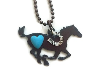 HORSE necklace with pewter horseshoe charm and heart made of Rustic Rusty Rusted Recycled Metal