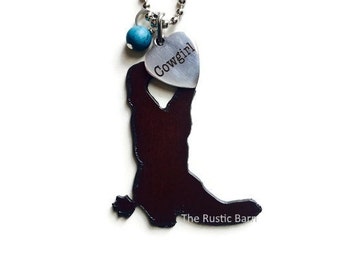 BOOT heart with stainless steel Cowgirl heart tag and accent bead made of Rustic Rusty Rusted Recycled Metal