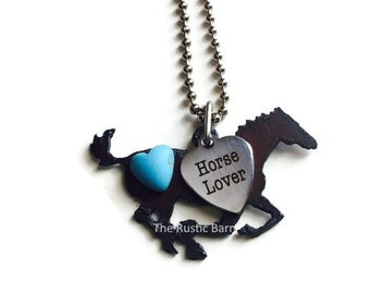 HORSE necklace with stainless steel horse love heart tag and accent heart made of Rustic Rusty Rusted Recycled Metal