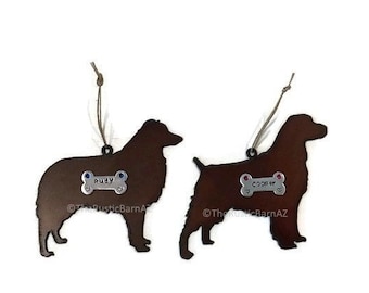SHELTIE COLLIE Aussie or COCKER or Springer Spaniel dog ornament personalized name of Rustic Rusty Rusted Recycled Metal