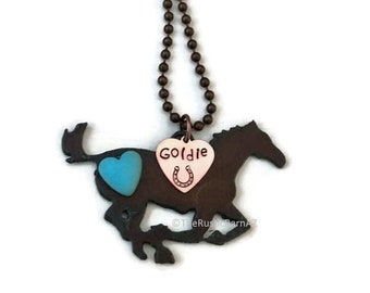Personalized HORSE necklace with copper plated tag made o f Rustic Rusty Rusted Recycled Metal
