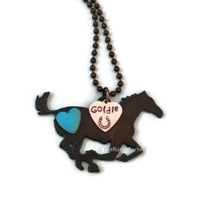 Personalized HORSE necklace with copper plated tag made o f Rustic Rusty Rusted Recycled Metal