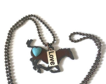 Rustic HORSE Necklace with Love tag and a turquoise heart necklace charm made of rusty metal